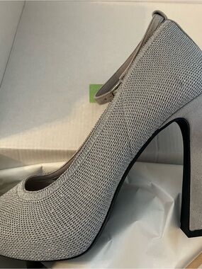 Textured Gray Women's Block Heel Pump with Ankle Strap